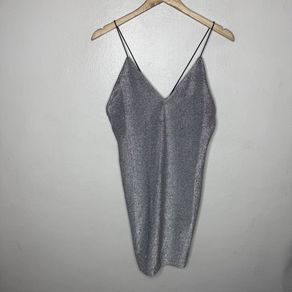 Divided H&M Silver Sparkle Mini Dress NYE Women's Large Metallic‎ V-neck Strappy